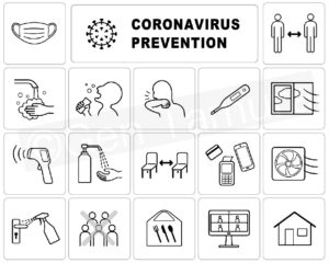 Icon set of new normal and coronavirus (covid-19) prevention poster - iStock (Getty Images) / wear a mask / wash your hands / social distancing / stay at home / remote working / cashless payments