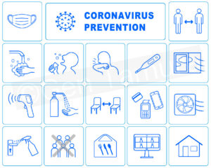 Icon set of new normal and coronavirus (covid-19) prevention poster - iStock (Getty Images) / wear a mask / wash your hands / social distancing / stay at home / remote working / cashless payments