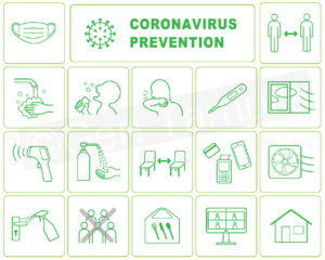 Icon set of new normal and coronavirus (covid-19) prevention poster - iStock (Getty Images) / wear a mask / wash your hands / social distancing / stay at home / remote working / cashless payments