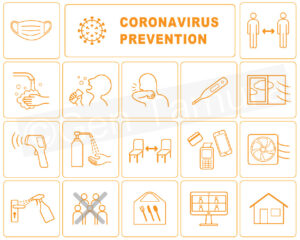 Icon set of new normal and coronavirus (covid-19) prevention poster - iStock (Getty Images) / wear a mask / wash your hands / social distancing / stay at home / remote working / cashless payments