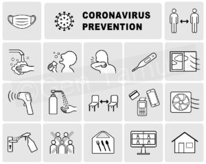 Icon set of new normal and coronavirus (covid-19) prevention poster - iStock (Getty Images) / wear a mask / wash your hands / social distancing / stay at home / remote working / cashless payments