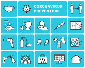 Icon set of new normal and coronavirus (covid-19) prevention poster - iStock (Getty Images) / wear a mask / wash your hands / social distancing / stay at home / remote working / cashless payments