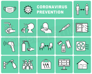 Icon set of new normal and coronavirus (covid-19) prevention poster - iStock (Getty Images) / wear a mask / wash your hands / social distancing / stay at home / remote working / cashless payments