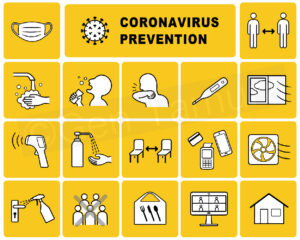 Icon set of new normal and coronavirus (covid-19) prevention poster - iStock (Getty Images) / wear a mask / wash your hands / social distancing / stay at home / remote working / cashless payments